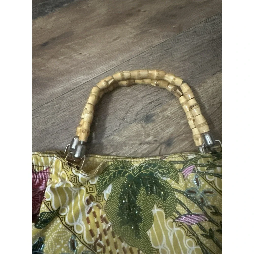 Nine West Medium Yellow Beaded Handbag Hot‎ Pink Lined Black Wood Bead Handle
